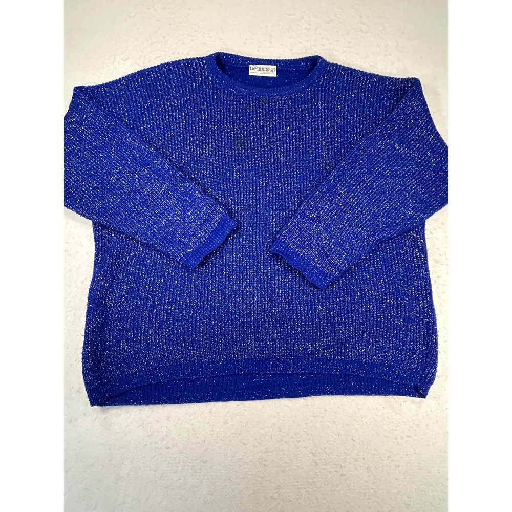Vintage 80s Beaucoup Sweater Womens Blue Metallic Oversized Tight Knit Ribbed